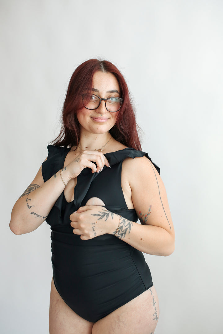 Lace Up Ruffle Neck One Piece Breastfeeding Swimsuit