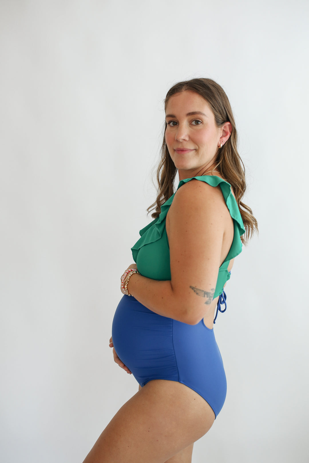 FINAL SALE Lace Up Ruffle Neck One Piece Breastfeeding Swimsuit - Blue/Green