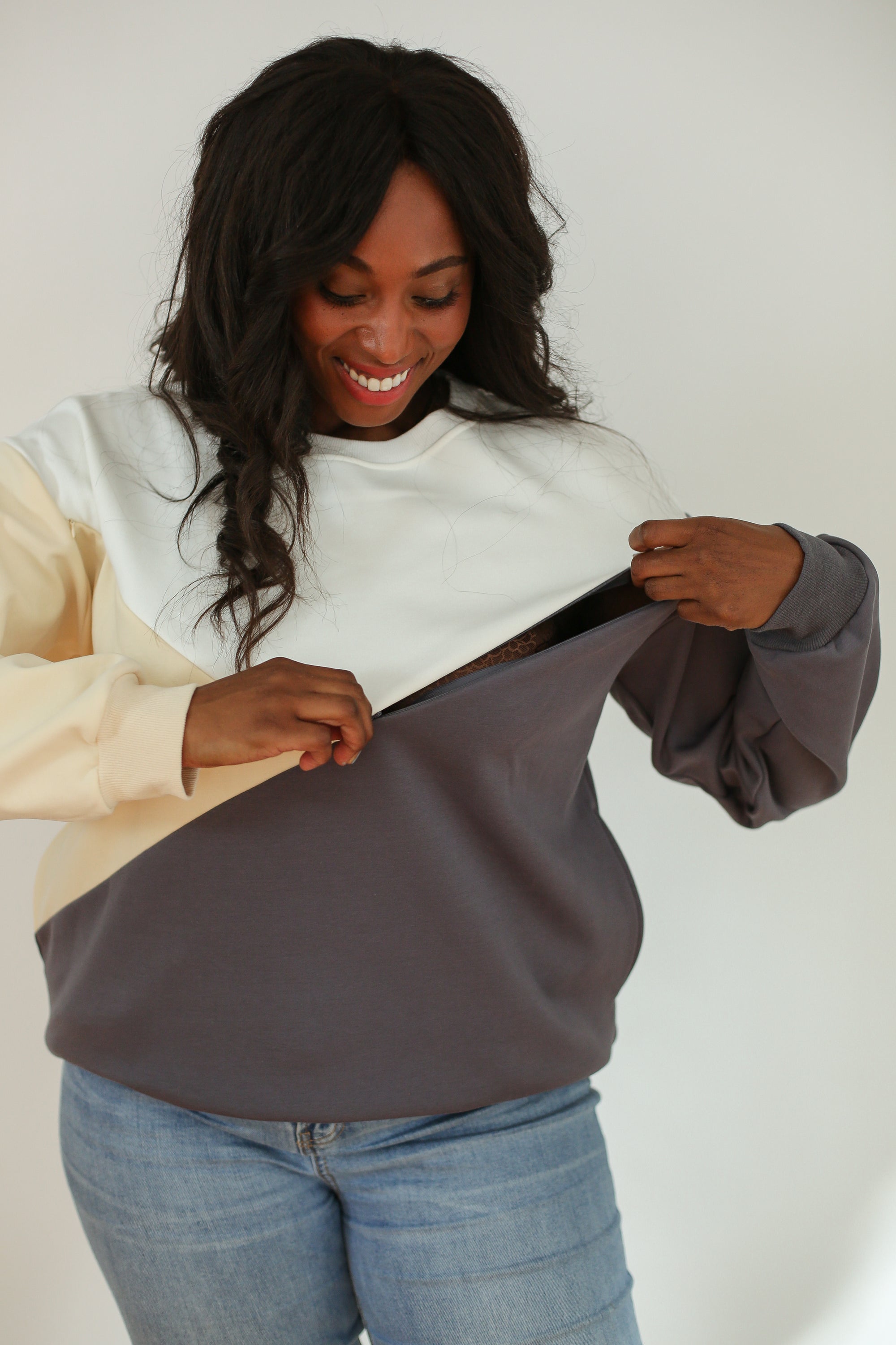 Velour Interior Diagonal Zip Breastfeeding Sweatshirt