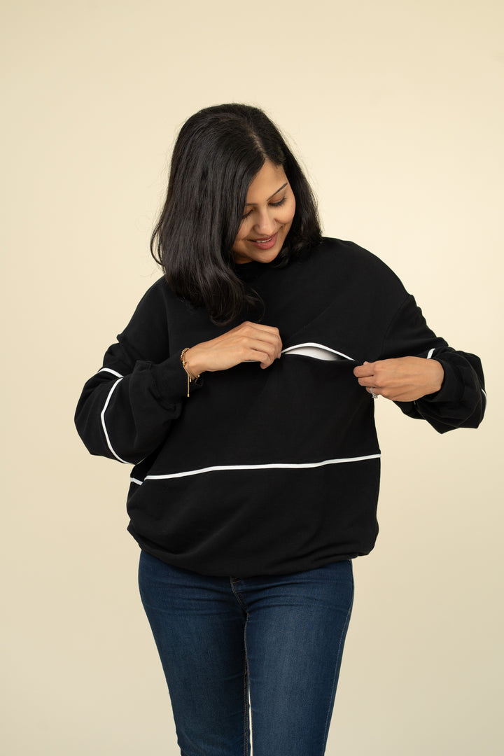 Relaxed-fit invisible-zip breastfeeding sweatshirt with piping in Black – Movemama
