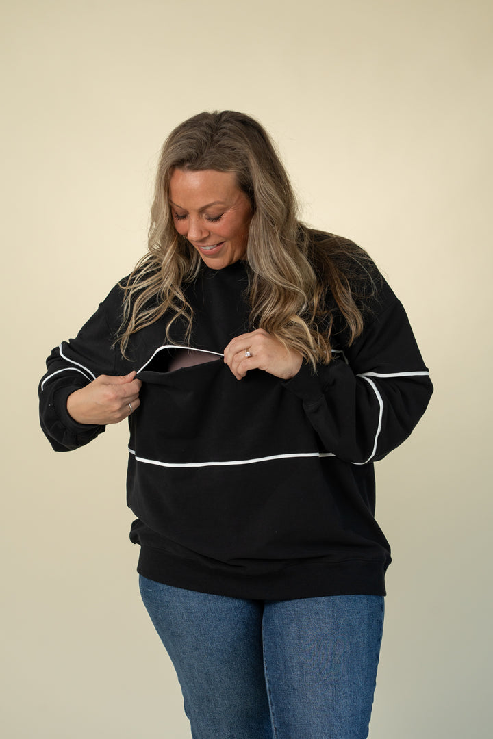 Relaxed-fit invisible-zip breastfeeding sweatshirt with piping in Black – Movemama