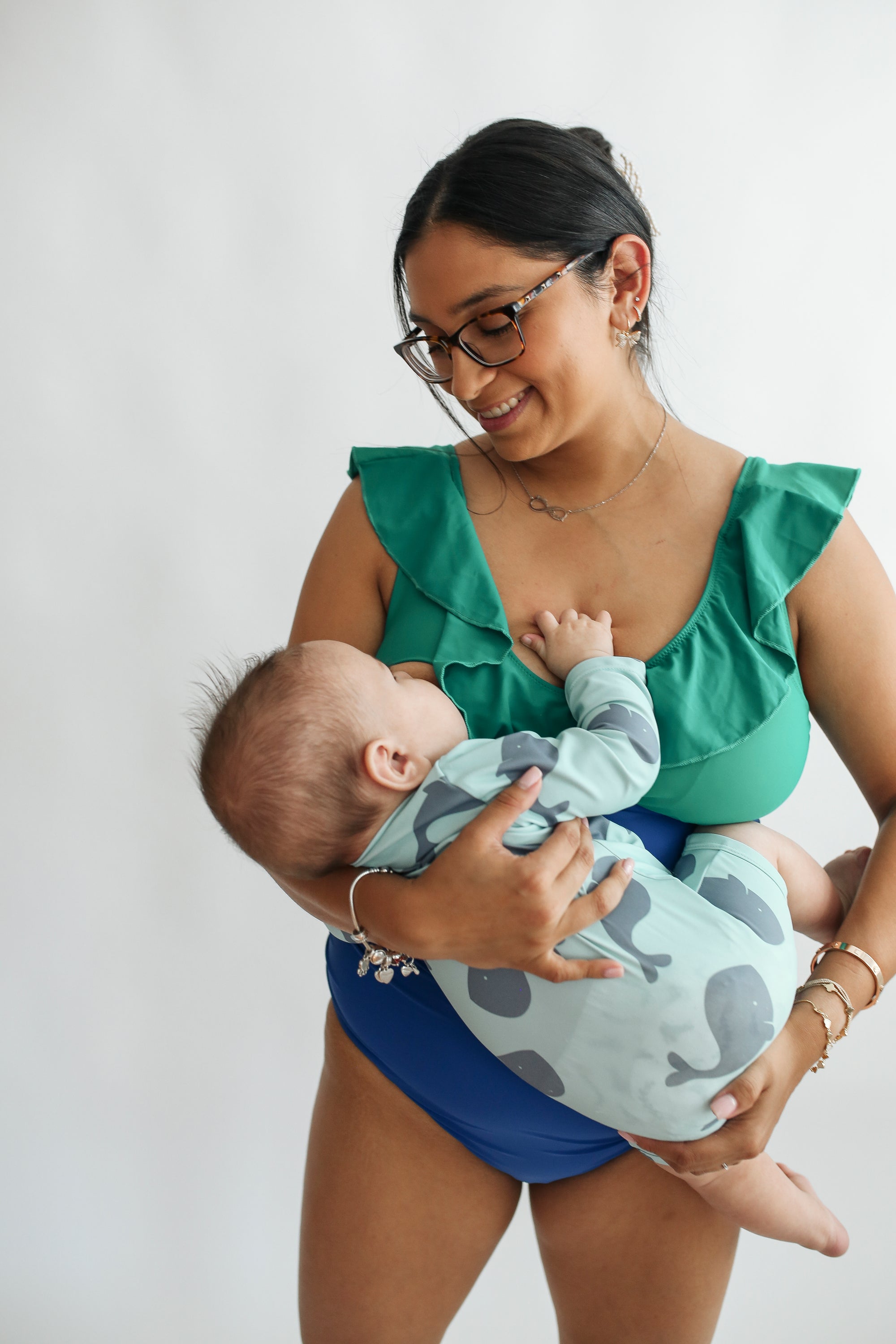 Lace Up Ruffle Neck One Piece Breastfeeding Swimsuit