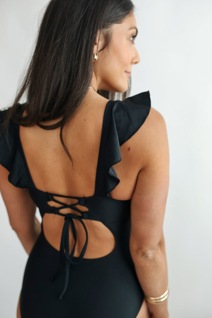 Lace Up Ruffle Neck One Piece Breastfeeding Swimsuit
